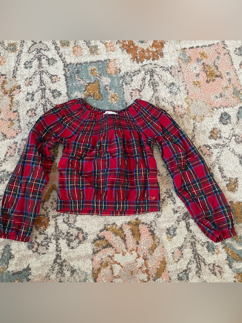 Vineyard Vines Red and Gold Plaid Smocked Off-Shoulder Top